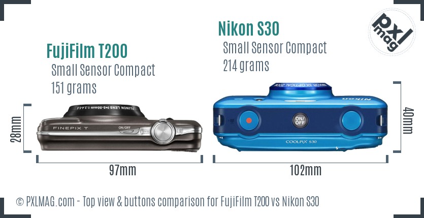 FujiFilm T200 vs Nikon S30 top view buttons comparison