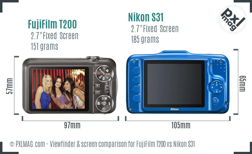 FujiFilm T200 vs Nikon S31 Screen and Viewfinder comparison