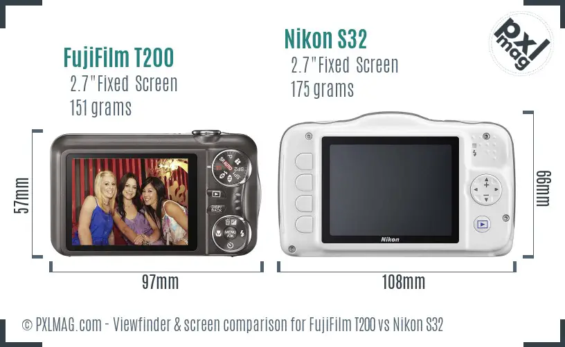 FujiFilm T200 vs Nikon S32 Screen and Viewfinder comparison