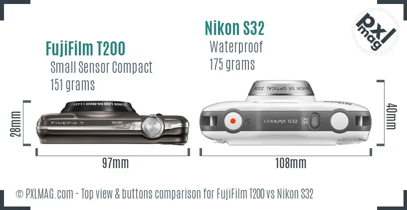 FujiFilm T200 vs Nikon S32 top view buttons comparison