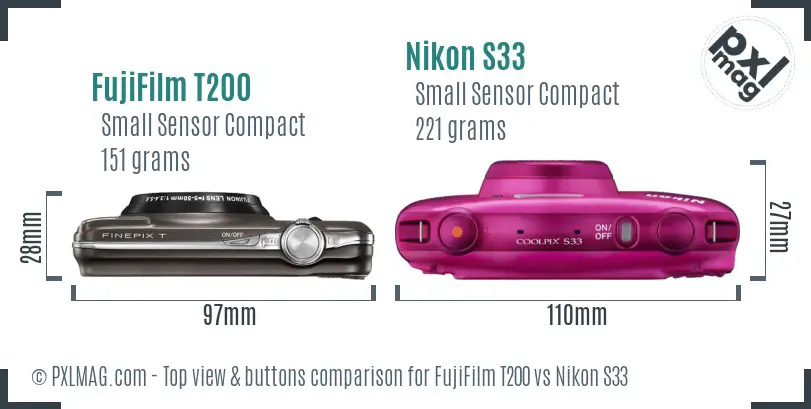 FujiFilm T200 vs Nikon S33 top view buttons comparison FujiFilm T200 vs Nikon S33 top view buttons comparison