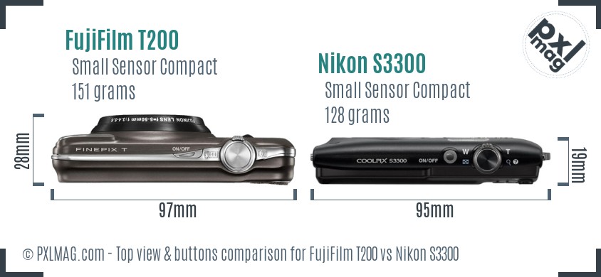 FujiFilm T200 vs Nikon S3300 top view buttons comparison