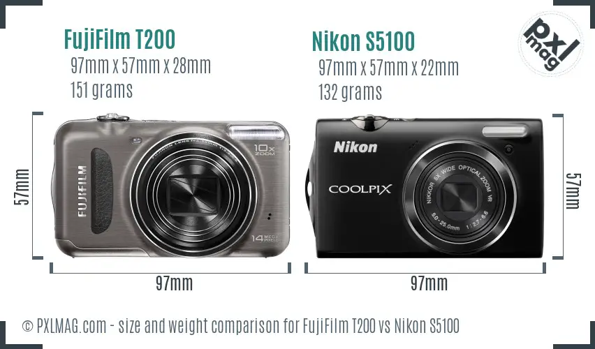 FujiFilm T200 vs Nikon S5100 size comparison