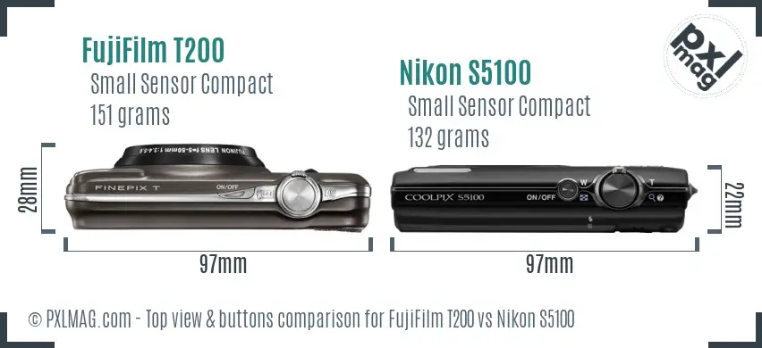 FujiFilm T200 vs Nikon S5100 top view buttons comparison