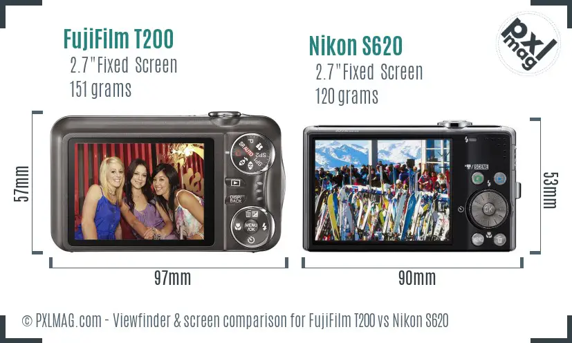 FujiFilm T200 vs Nikon S620 Screen and Viewfinder comparison
