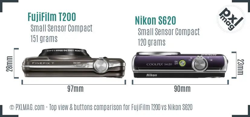 FujiFilm T200 vs Nikon S620 top view buttons comparison