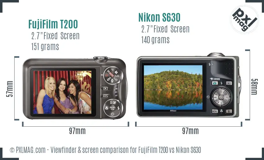 FujiFilm T200 vs Nikon S630 Screen and Viewfinder comparison