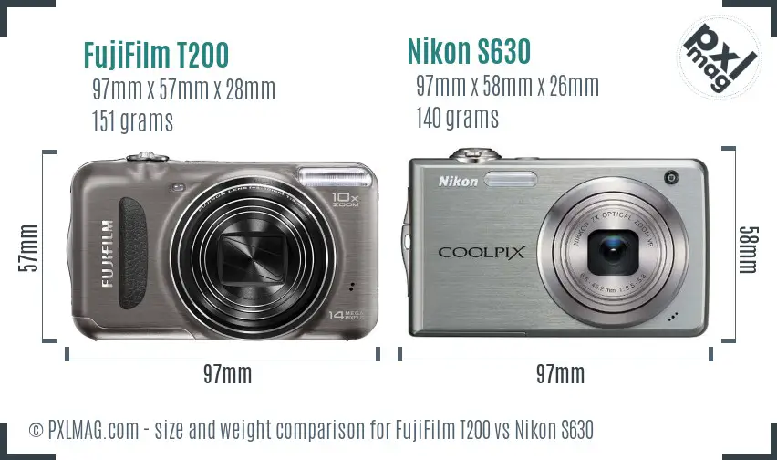 FujiFilm T200 vs Nikon S630 size comparison