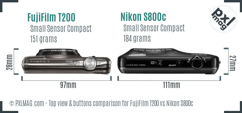 FujiFilm T200 vs Nikon S800c top view buttons comparison FujiFilm T200 vs Nikon S800c top view buttons comparison