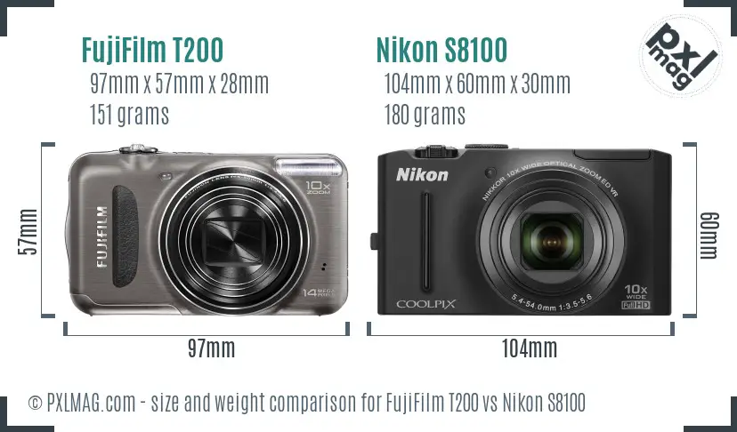 FujiFilm T200 vs Nikon S8100 size comparison