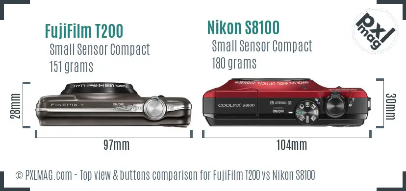 FujiFilm T200 vs Nikon S8100 top view buttons comparison