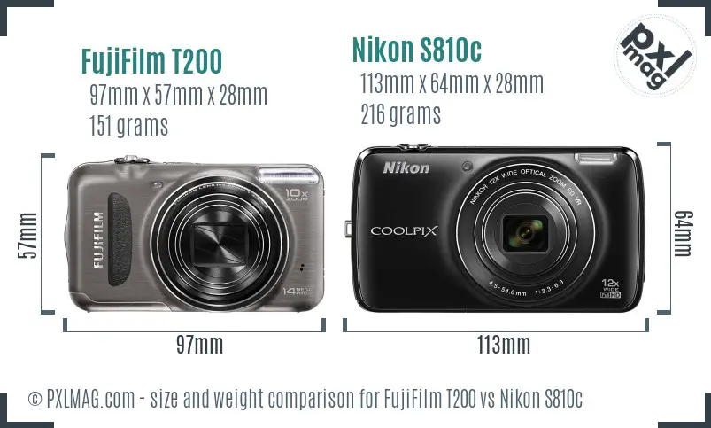 FujiFilm T200 vs Nikon S810c size comparison