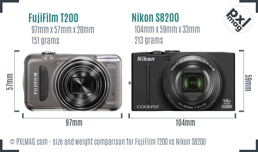 FujiFilm T200 vs Nikon S8200 size comparison