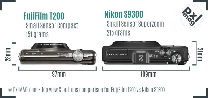 FujiFilm T200 vs Nikon S9300 top view buttons comparison FujiFilm T200 vs Nikon S9300 top view buttons comparison