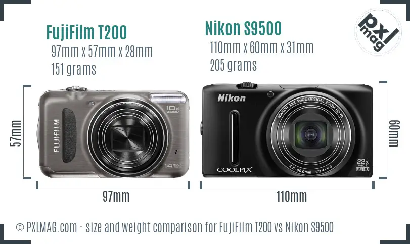 FujiFilm T200 vs Nikon S9500 size comparison FujiFilm T200 vs Nikon S9500 size comparison