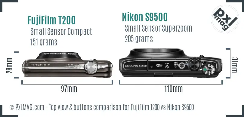 FujiFilm T200 vs Nikon S9500 top view buttons comparison FujiFilm T200 vs Nikon S9500 top view buttons comparison