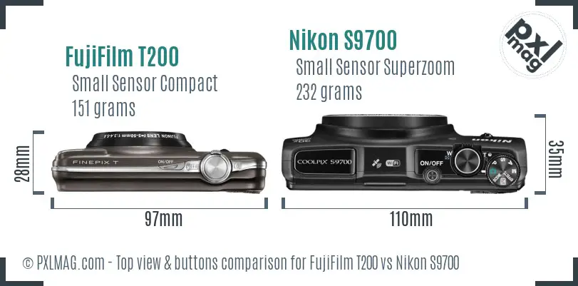 FujiFilm T200 vs Nikon S9700 top view buttons comparison