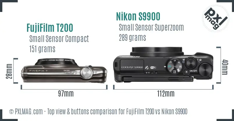 FujiFilm T200 vs Nikon S9900 top view buttons comparison