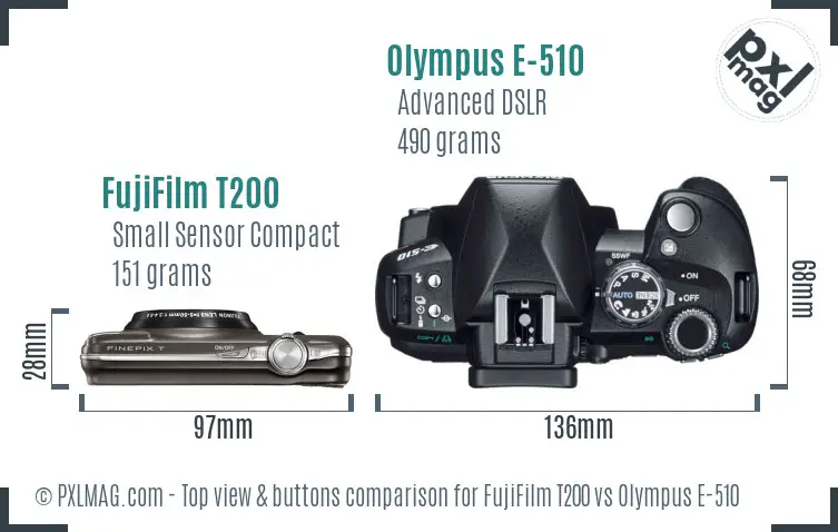 FujiFilm T200 vs Olympus E-510 top view buttons comparison