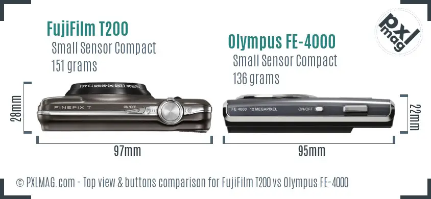 FujiFilm T200 vs Olympus FE-4000 top view buttons comparison