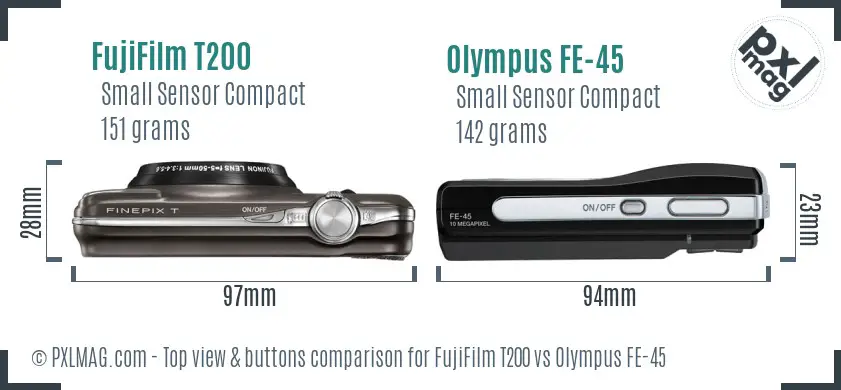 FujiFilm T200 vs Olympus FE-45 top view buttons comparison