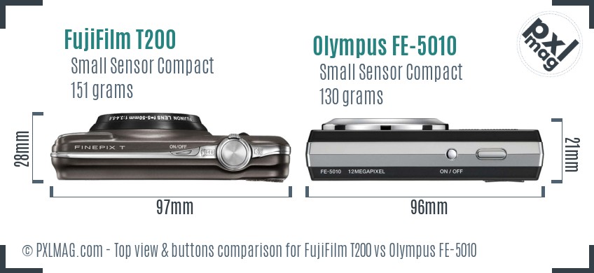 FujiFilm T200 vs Olympus FE-5010 top view buttons comparison