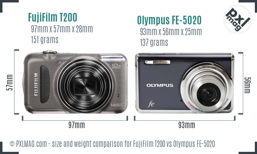 FujiFilm T200 vs Olympus FE-5020 size comparison FujiFilm T200 vs Olympus FE-5020 size comparison