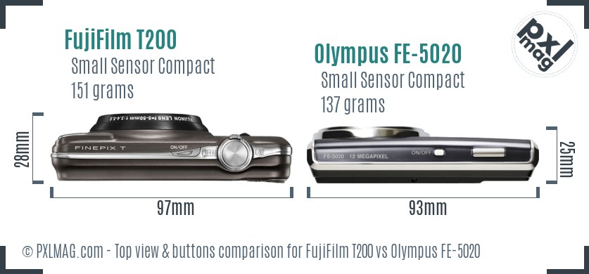 FujiFilm T200 vs Olympus FE-5020 top view buttons comparison