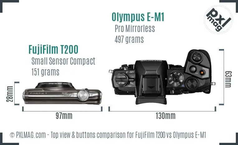FujiFilm T200 vs Olympus E-M1 top view buttons comparison