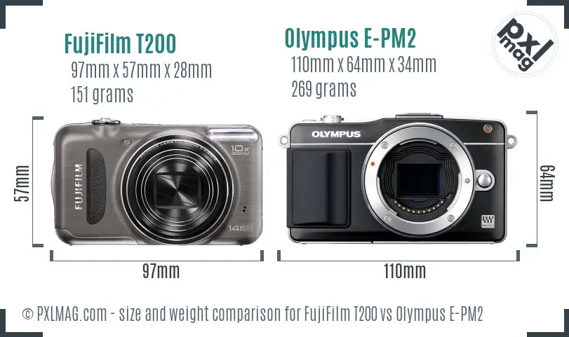 FujiFilm T200 vs Olympus E-PM2 size comparison