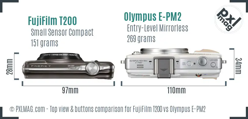 FujiFilm T200 vs Olympus E-PM2 top view buttons comparison