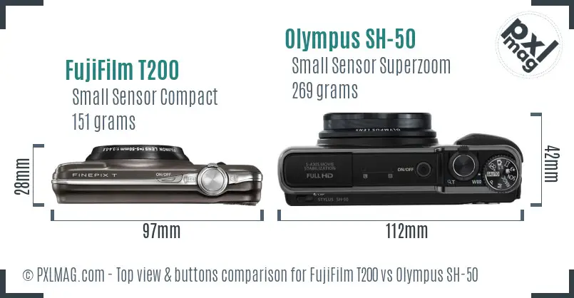 FujiFilm T200 vs Olympus SH-50 top view buttons comparison