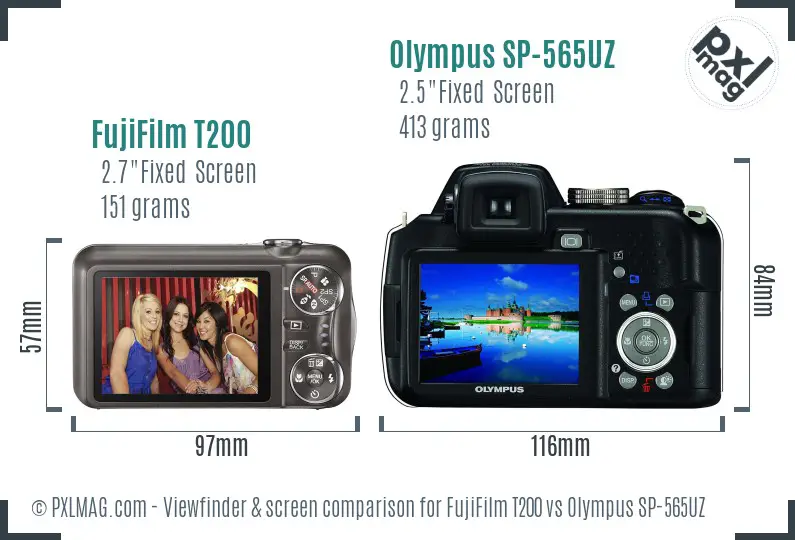 FujiFilm T200 vs Olympus SP-565UZ Screen and Viewfinder comparison