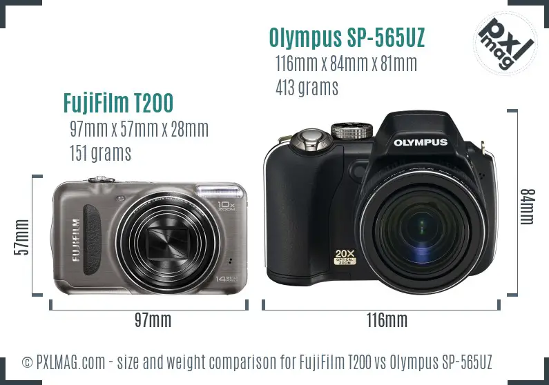 FujiFilm T200 vs Olympus SP-565UZ size comparison