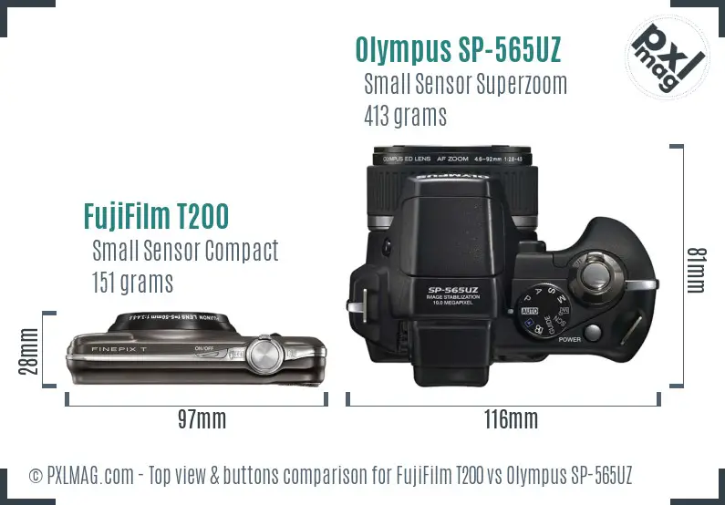 FujiFilm T200 vs Olympus SP-565UZ top view buttons comparison