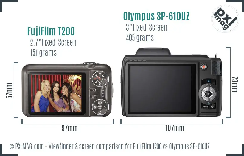 FujiFilm T200 vs Olympus SP-610UZ Screen and Viewfinder comparison