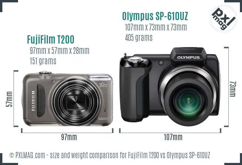 FujiFilm T200 vs Olympus SP-610UZ size comparison