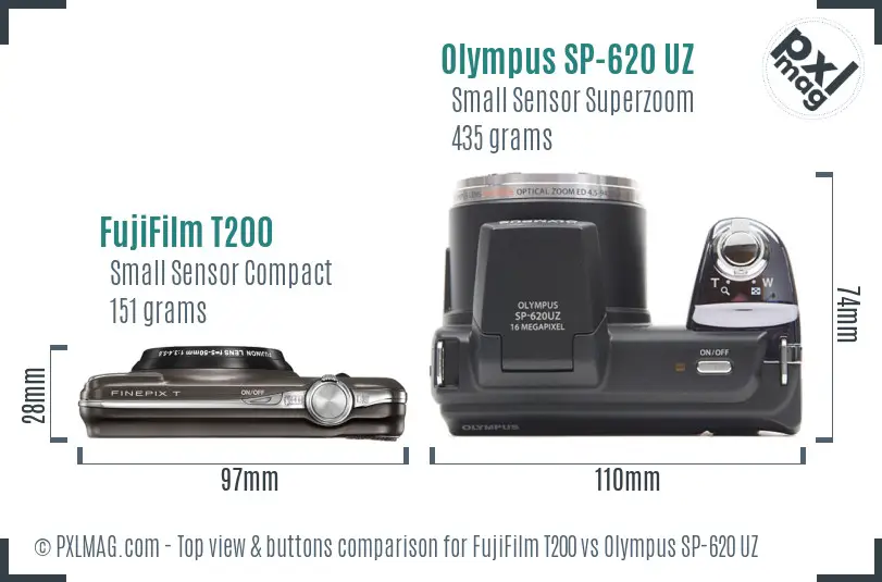 FujiFilm T200 vs Olympus SP-620 UZ top view buttons comparison