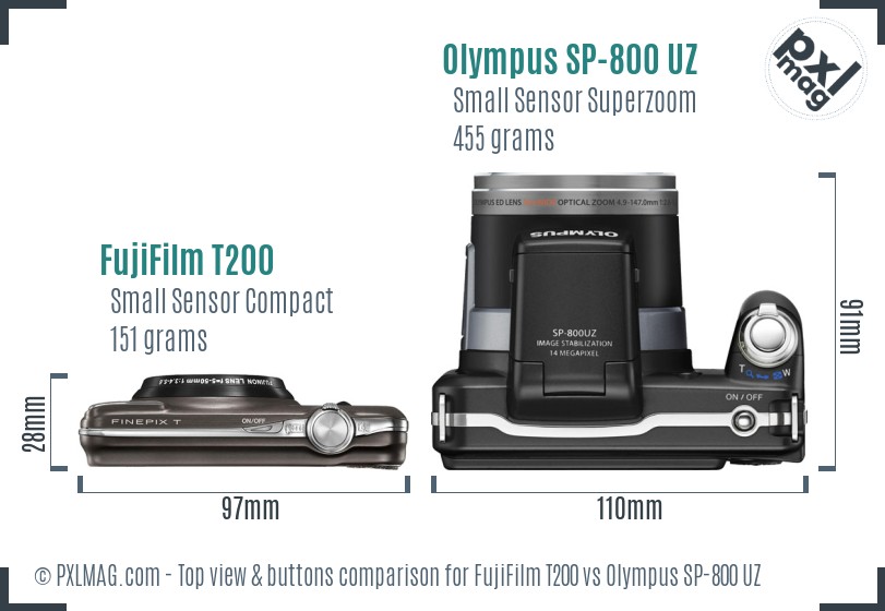 FujiFilm T200 vs Olympus SP-800 UZ top view buttons comparison