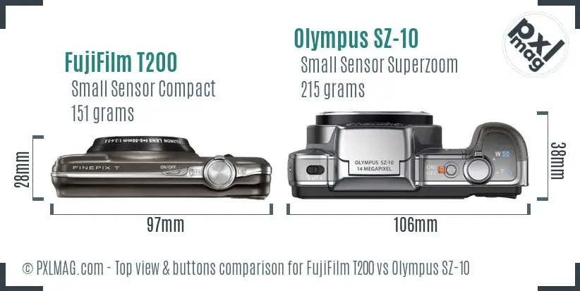 FujiFilm T200 vs Olympus SZ-10 top view buttons comparison