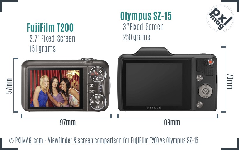 FujiFilm T200 vs Olympus SZ-15 Screen and Viewfinder comparison