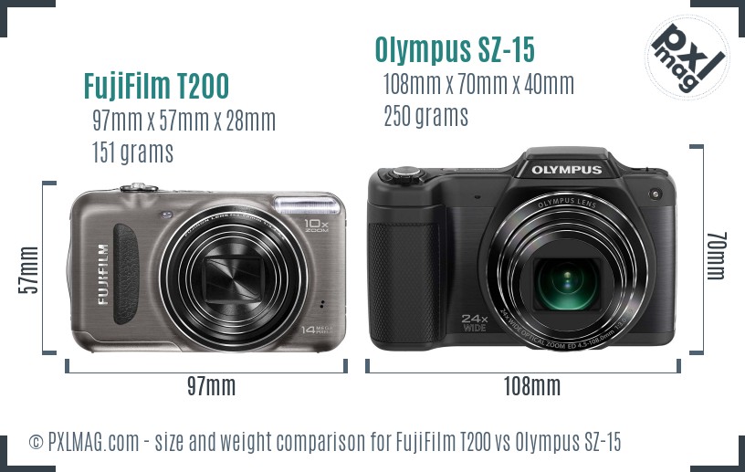 FujiFilm T200 vs Olympus SZ-15 size comparison FujiFilm T200 vs Olympus SZ-15 size comparison