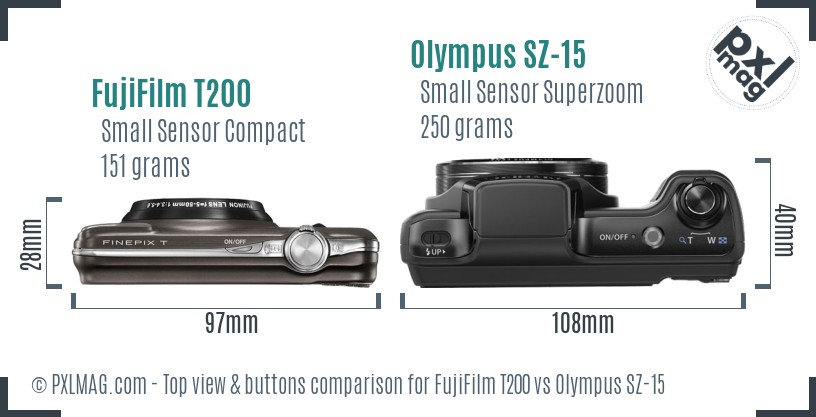 FujiFilm T200 vs Olympus SZ-15 top view buttons comparison