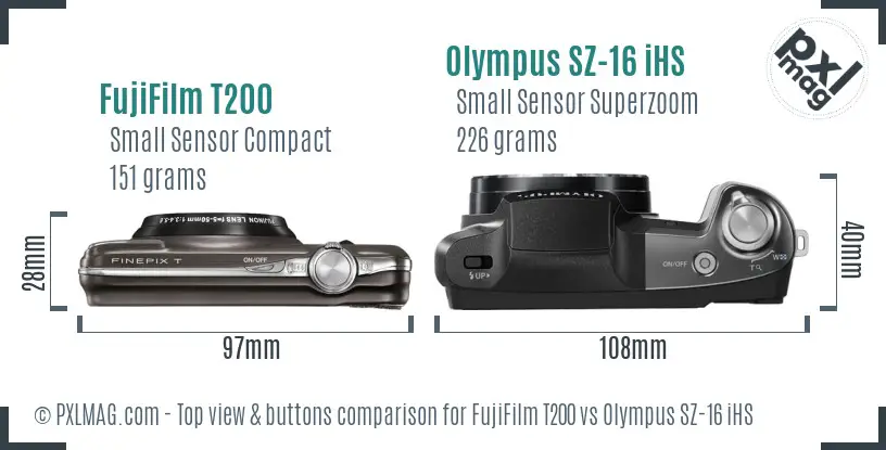 FujiFilm T200 vs Olympus SZ-16 iHS top view buttons comparison