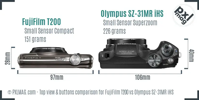 FujiFilm T200 vs Olympus SZ-31MR iHS top view buttons comparison