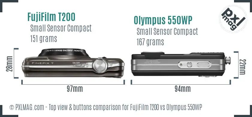 FujiFilm T200 vs Olympus 550WP top view buttons comparison