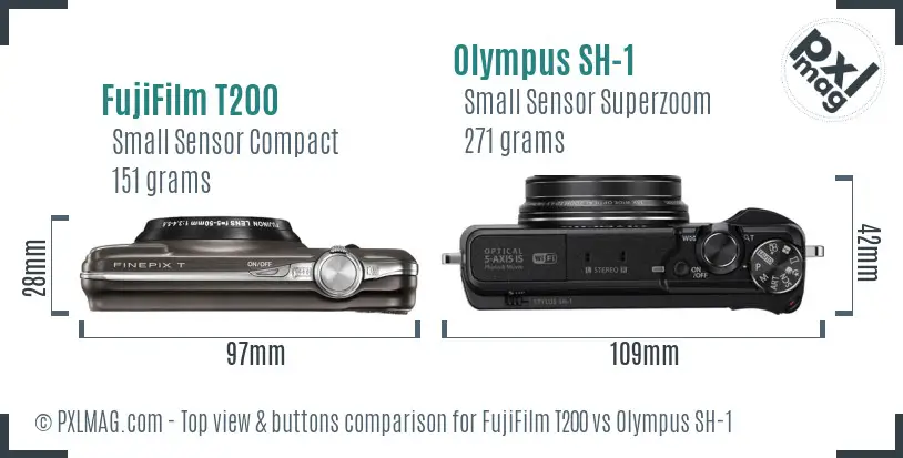 FujiFilm T200 vs Olympus SH-1 top view buttons comparison