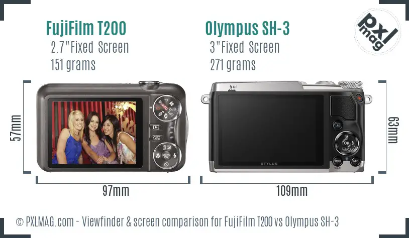 FujiFilm T200 vs Olympus SH-3 Screen and Viewfinder comparison
