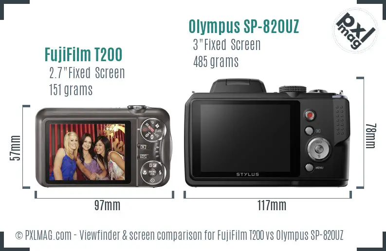 FujiFilm T200 vs Olympus SP-820UZ Screen and Viewfinder comparison
