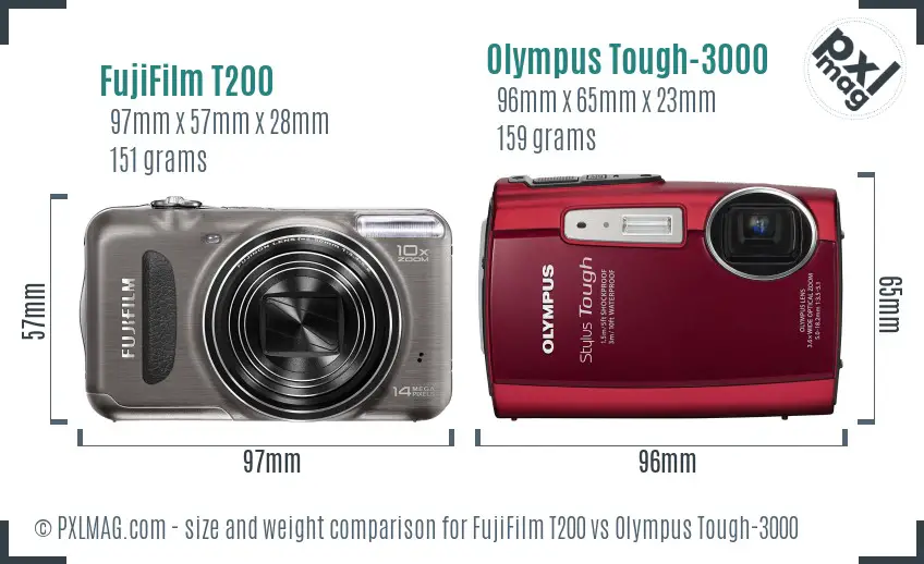FujiFilm T200 vs Olympus Tough-3000 size comparison